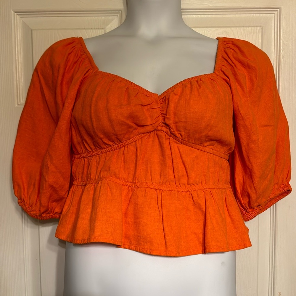 Women’s Puff Elbow Sleeve Linen Shirt - a new day orange M